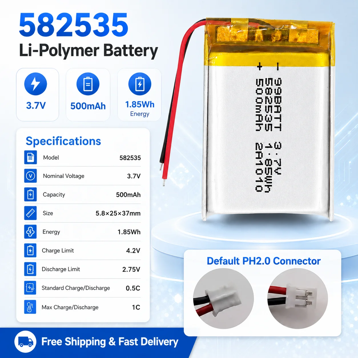 582535 3.7V 500mAh LiPo Rechargeable Battery PH2.0 Connector for Small Electronics DIY  Tire Pressure Detector, Massage Device