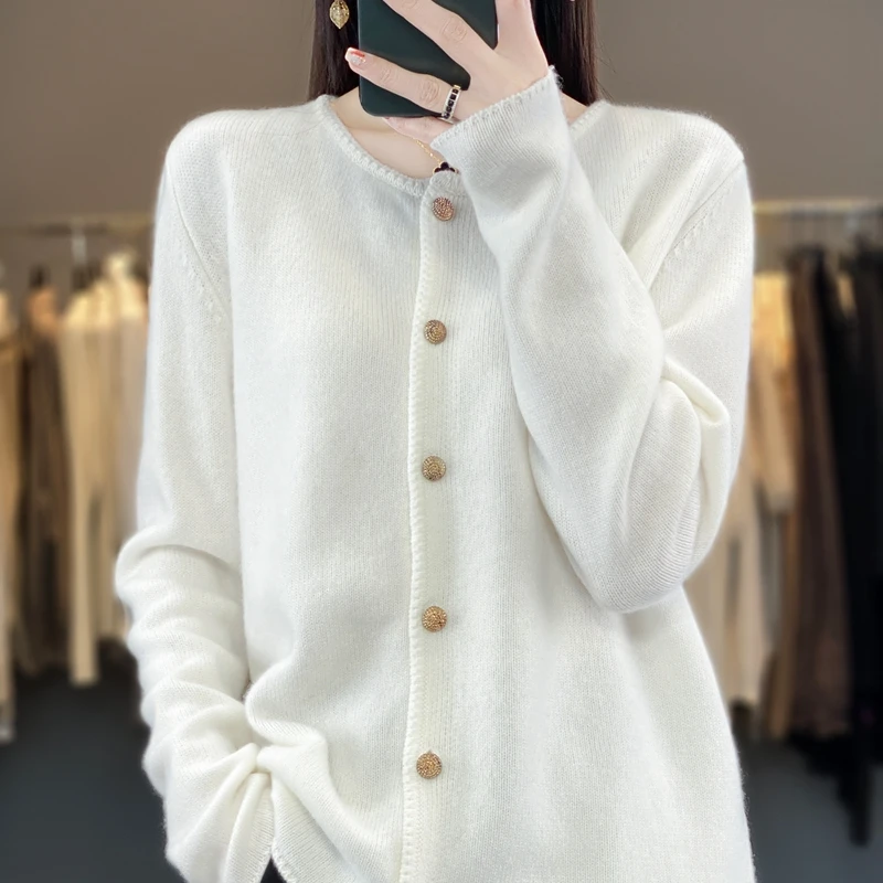 

BELIARST Spring and Autumn New Cardigan Women's Round Neck Pure Wool Coat Solid Color Casual Large Knitted Sweater Long Sleeve