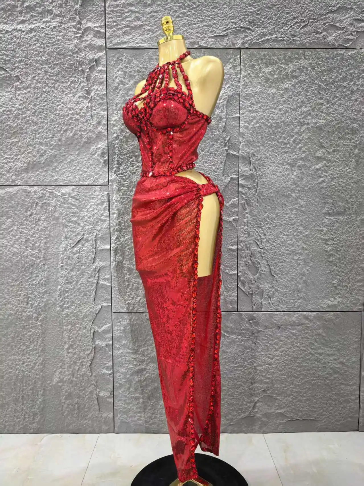 魅力的な豪華な輝くダイヤモンドスパンコールの赤いロングドレス2点セット、新作レディースイブニングドレス、誕生日パーティー、ナイトクラブ、ステージに