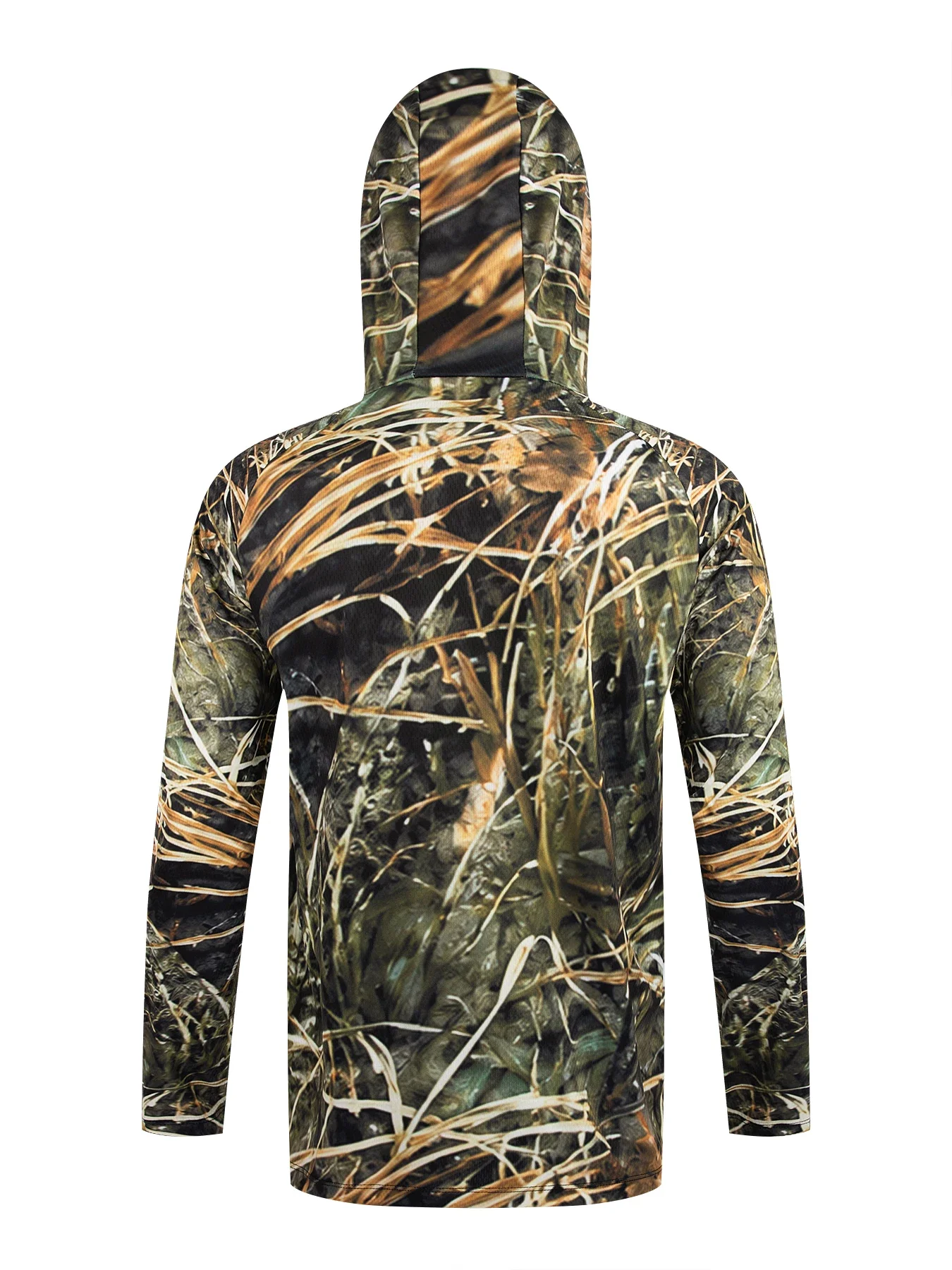 Herren Sommer UPF50+ Angel-Hoodie mit Gesichtsmaske, Reed Camo Bass-Print, schnelltrocknend, atmungsaktiv, leicht, langärmeliges Angelhemd – Detail 4