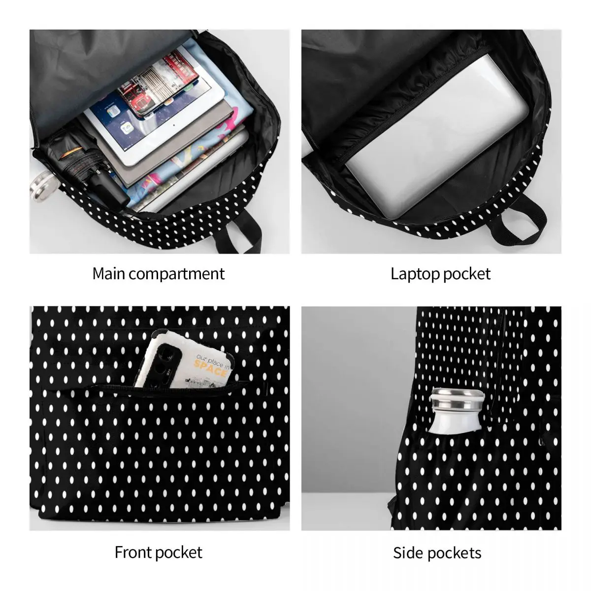 White Polka Dot Backpack Black and White Female Polyester 