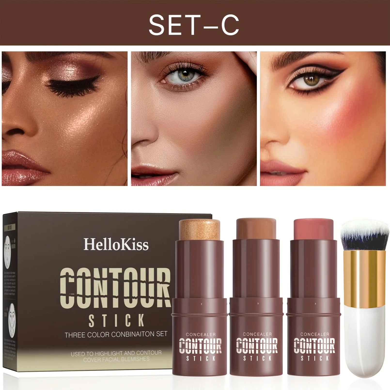 عصا كونتور، عصا أحمر الخدود، عصا هايلايتر، عصا برونزر، طقم كونتور كريمي 3 قطع مع فرشاة هدية مناسبة لعيد الميلاد