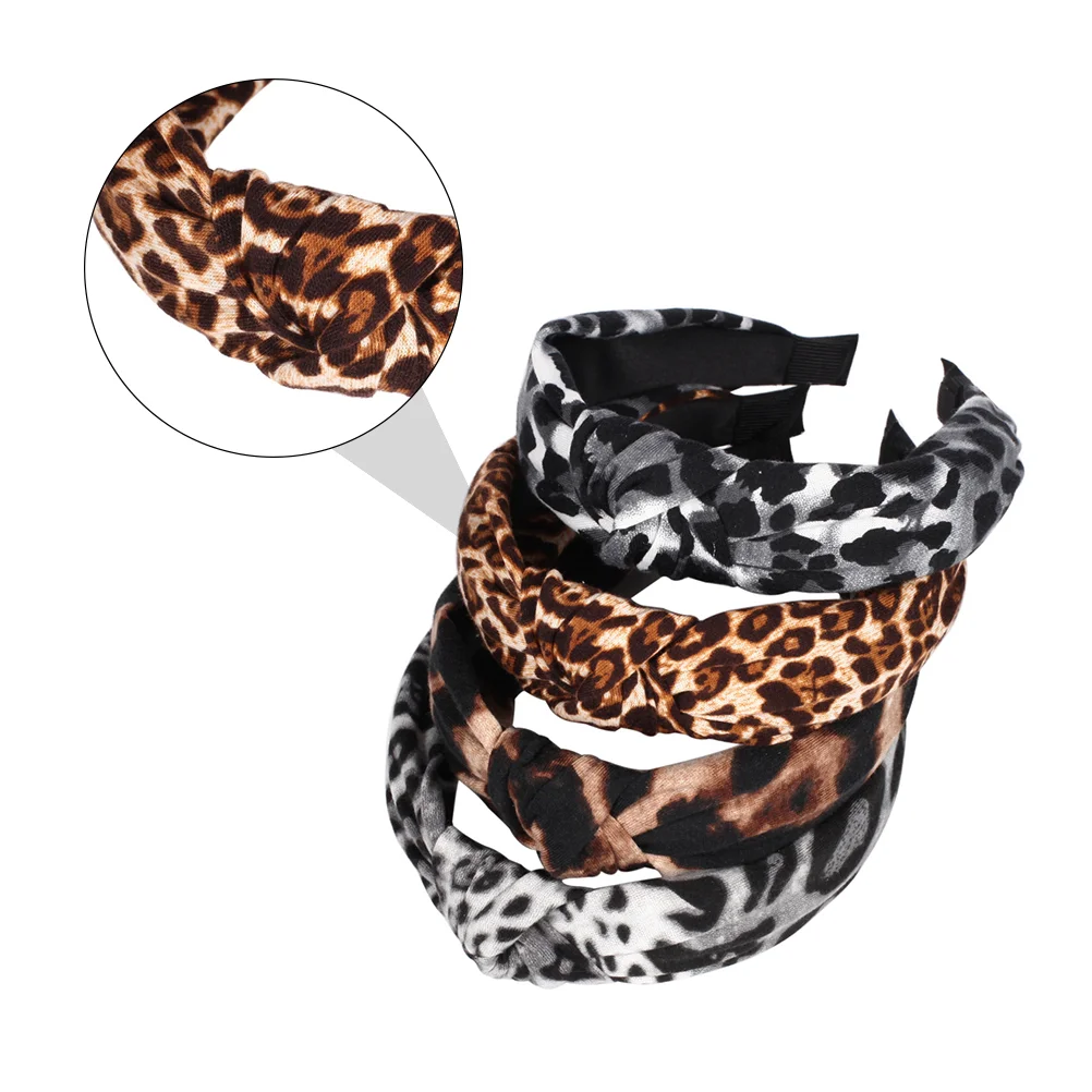 4 Pcs Leopard Print Headband Temperament Ladies Wide-brimmed Cross-knotted Fabric Adult Hair Accessories Chic