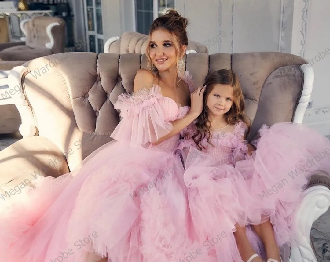 Princess Sweet Pink Hi Low Ruffled Tulle Dresses Mother And Daughter Pleated Puffy Long Birthday Party Dress To Photo Shoot