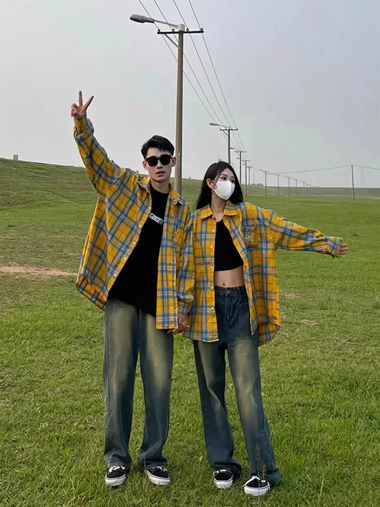 

Свободная куртка Cleanfit в желтую клетку с воротником, весна-осень, для пар, не требующая глажки, модная