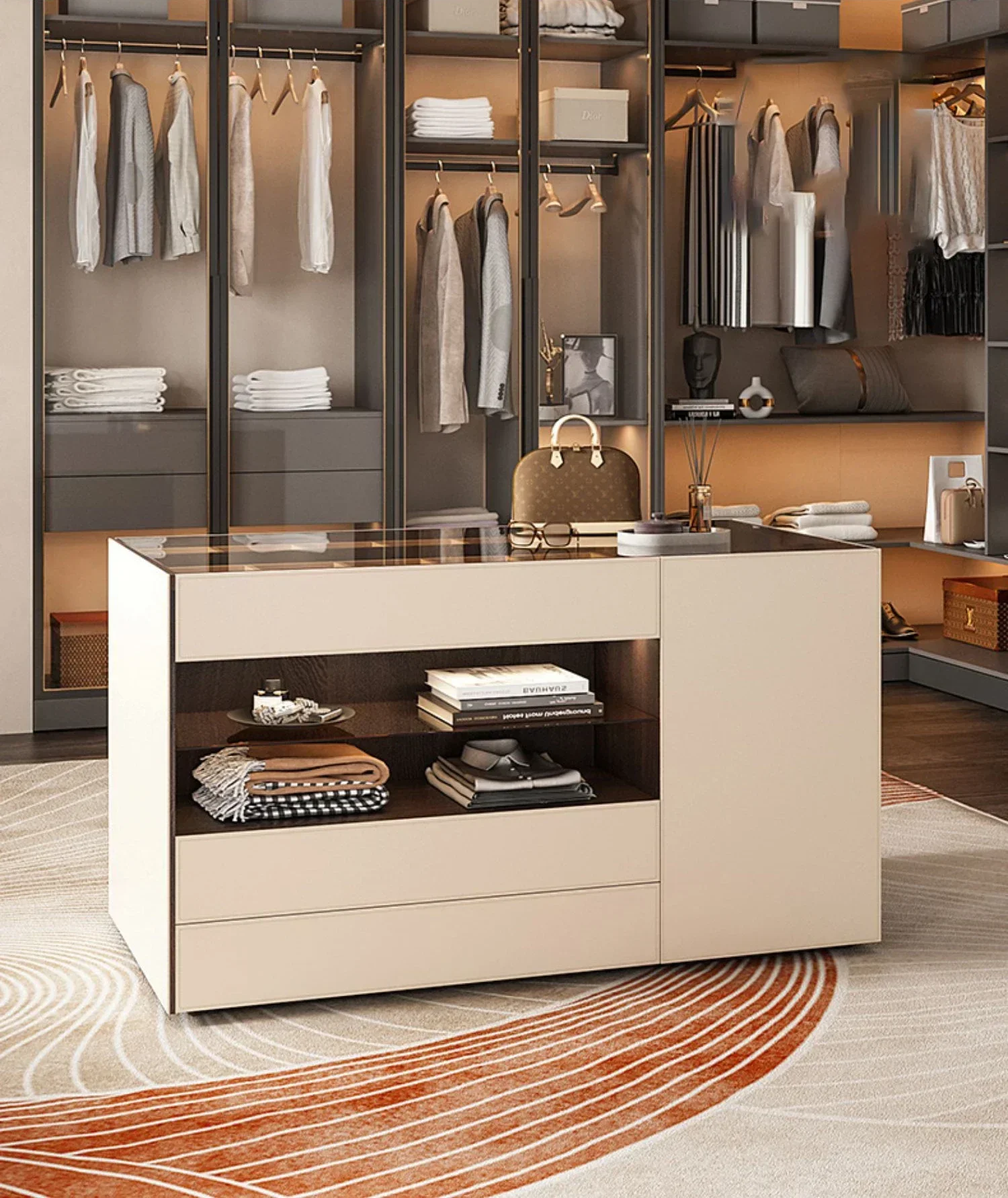 Modern luxury cloakroom, island cabinet, small bedroom, floor to ceiling display cabinet, household minimalist storage cabinet