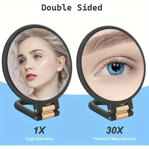 Imagen 2 del producto Espejo de maquillaje portátil de doble cara ajustable 360, aumento 1X 30X, portátil, apto para viajes, sin baterías, elegante marco dorado negro