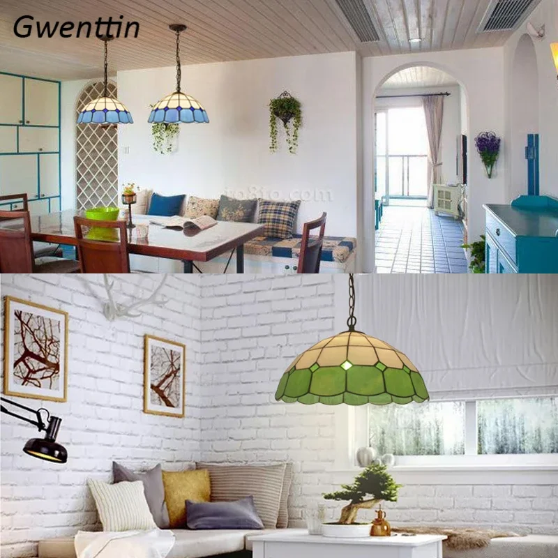 Simple Square Pendant Light Mediterranean Stained Glass Hanging Lamp for Home DecorTiffany Dining Room Kitchen Lighting Fixture