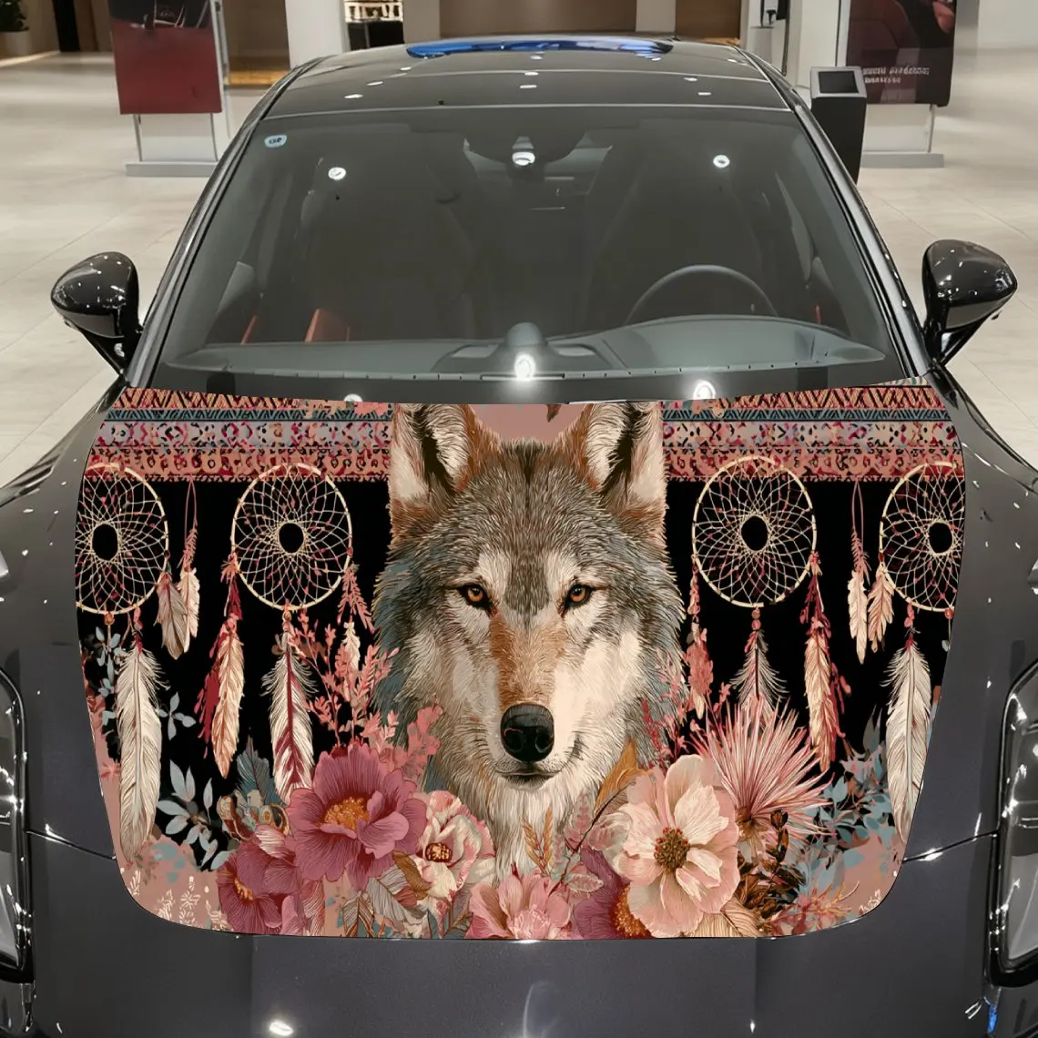 

Pink Dreamcatcher Floral Wolf Auto Cover Sticker, Waterproof and Self-adhesive Auto Hood Decal, Auto Vinyl Wraps, Cool Car Exter