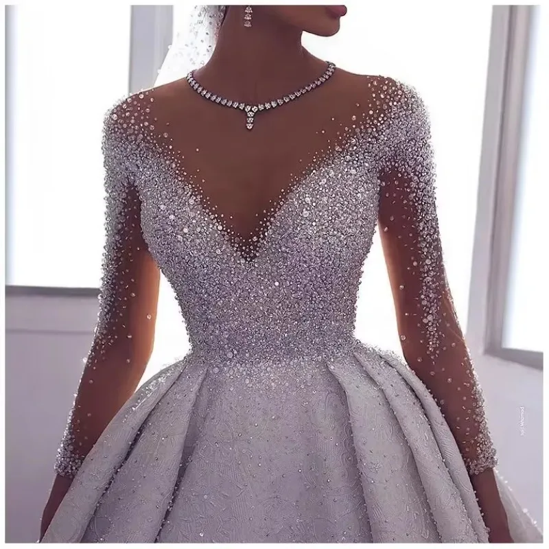 

Customized Custom Luxury Beaded Sequin Bridal Wedding Dress Gorgeous Handmade Long Sleeve Lace Ball Gown