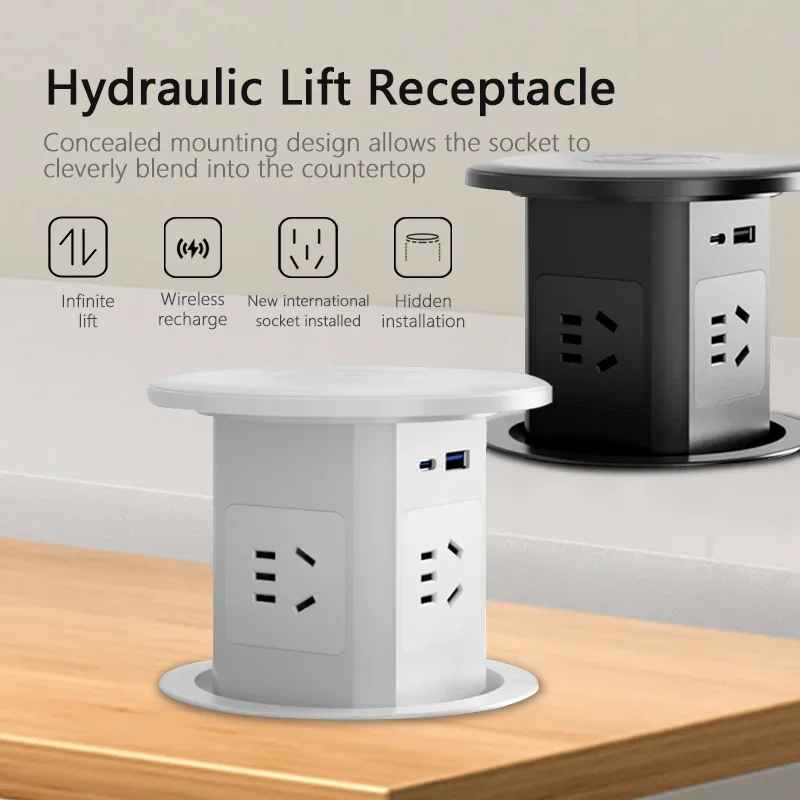 16A PULL POP UP Power Socket New Black White Color USB Port Kitchen Table Desktop Retractable Countertops US UK AU French Plug