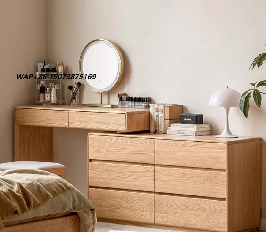 Nordic Style Solid Wood Oak Makeup & Dressing Table Integrated Storage Cabinet Telescopic Features for Bedroom