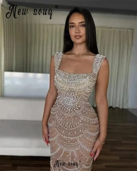 2025 Square Neck Spaghetti Straps Cocktail Dress Champagne Sleeveless Prom Dresses 2025 Wedding Ceremony Dress Beading Custom