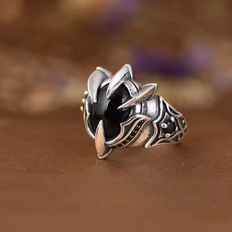 Thai Silver Ring Retro Trendy Eagle Claw Zircon Index Finger Jewelry Versatile Open Rings for Men and Women KOFSAC