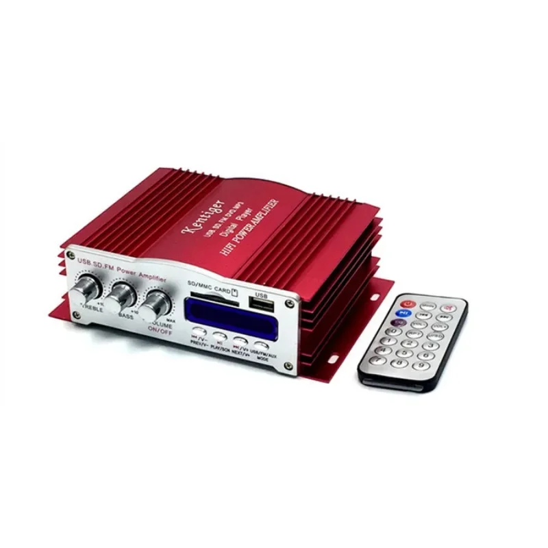 Amplificador de 4 canais 3001 com controle remoto, reprodutor de cartão USB/SD, rádio FM 12V5A, adaptador de alimentação e cabo AUX opcional