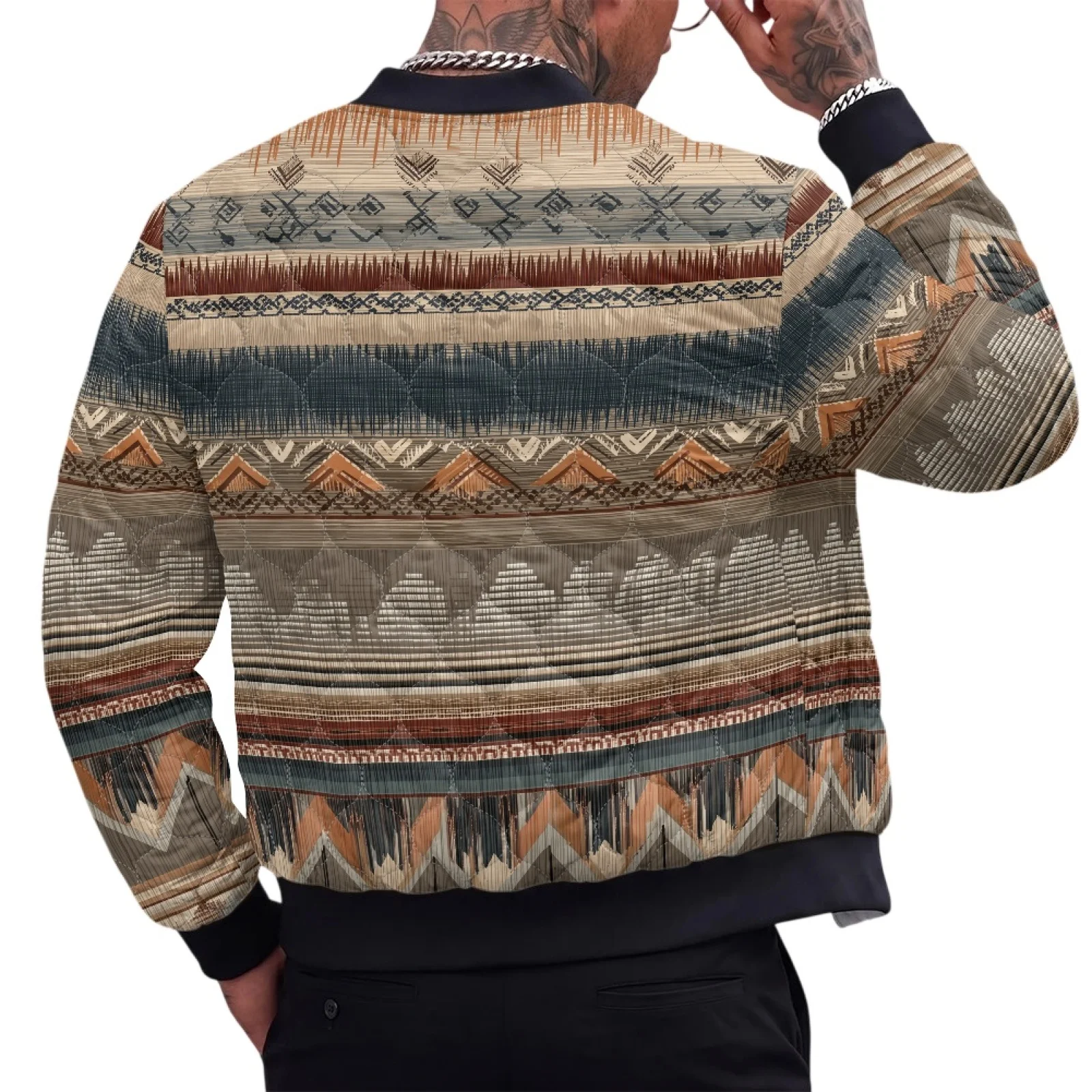 PENSTROLL Ikat Print Men Light Padded Long Sleeve Jacket with Zipper Front Comfortable Long Sleeve Coat for Travel