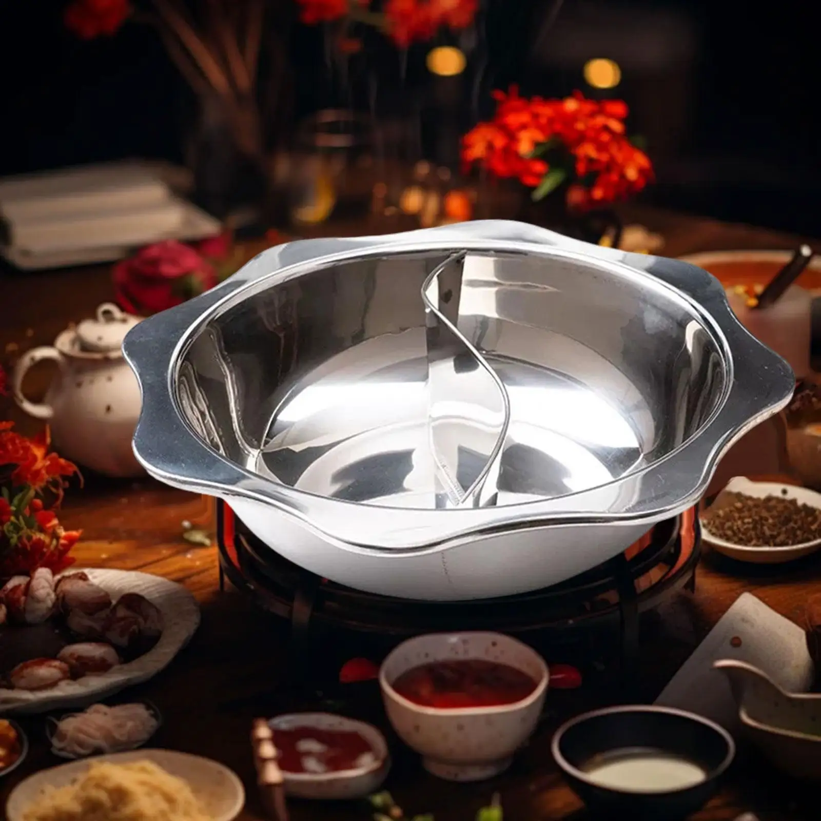 

Round Stainless Steel Hotpot Pot with Divider Double Flavor Cooking Stock Pot for Home Restaurant Commercial Kitchen