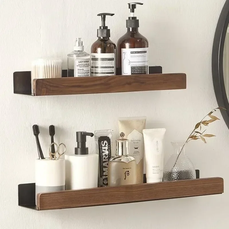 Bathroom Shelf No Punch Storage Rack Solid Wood Bathroom Shelves Punch-Free Wooden Shelf Wall-Mounted Shower Toilet Organizer