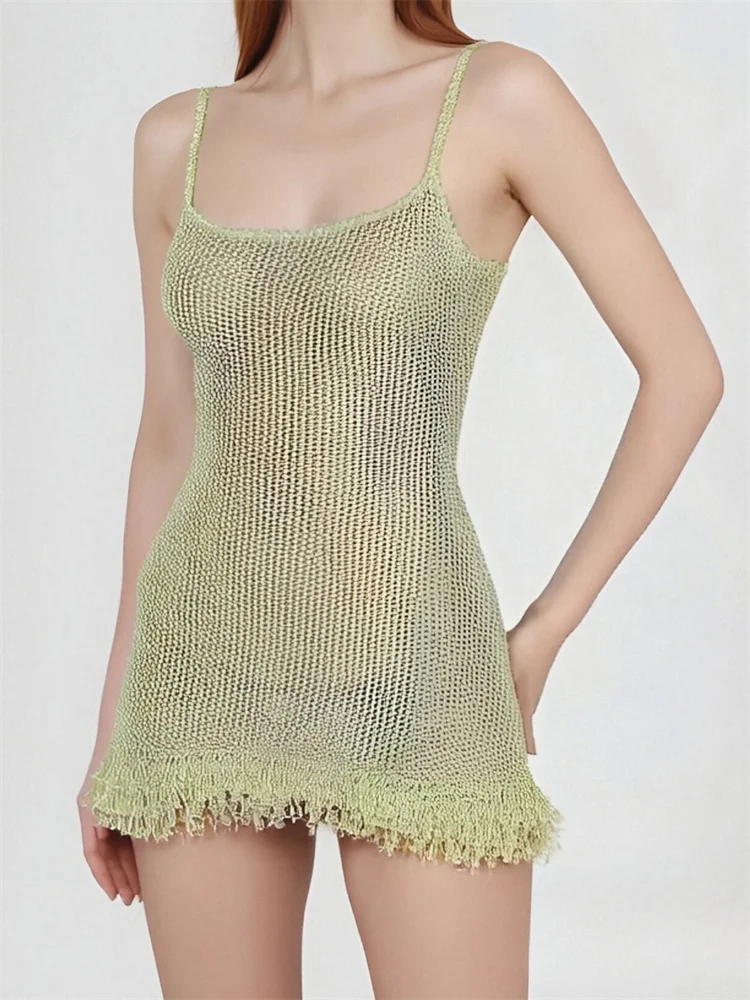 

Fashion Women Knit Sleeveless Dress Summer Frayed Hem Solid Color Mini Bodycon Party Dress for Vacation Beach Streetwear