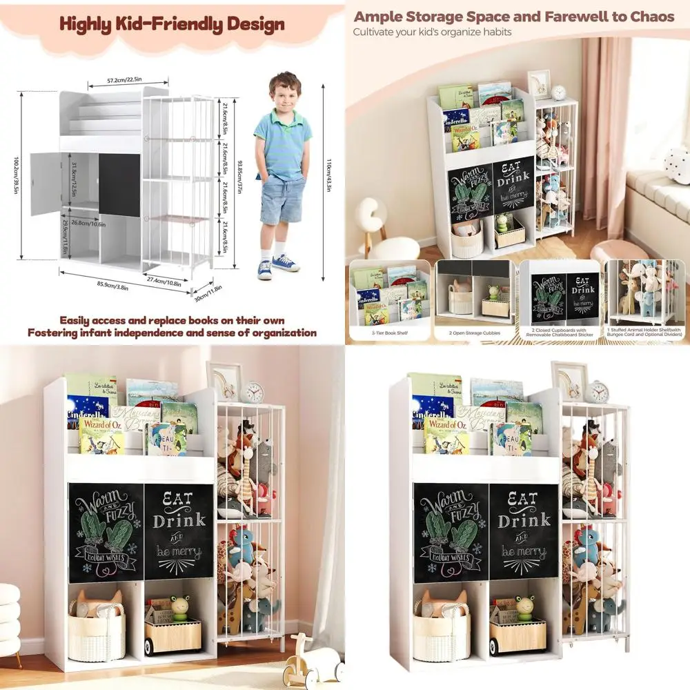 

White 4-in-1 Kids' Bookshelf with Toy Storage, Cubbies, and Chalkboard for Bedroom or Playroom