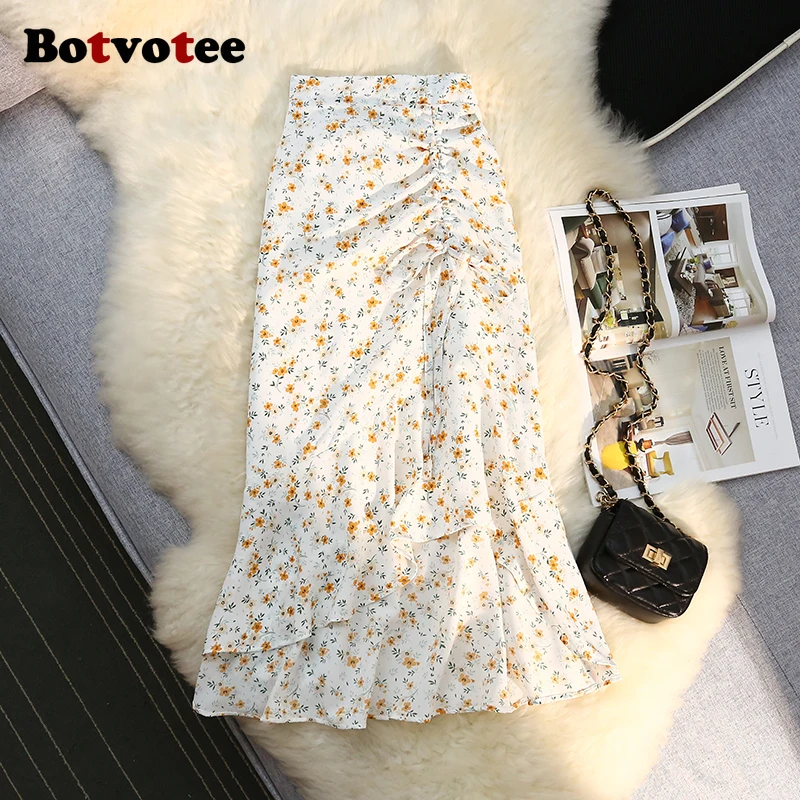 Botvotee ทรัมเป็ตชีฟองดอกไม้พิมพ์กระโปรงผู้หญิงเอวสูง Elegant ด้านข้างแยก Ruffles กระโปรงยาวสํานักงาน Midi Skort