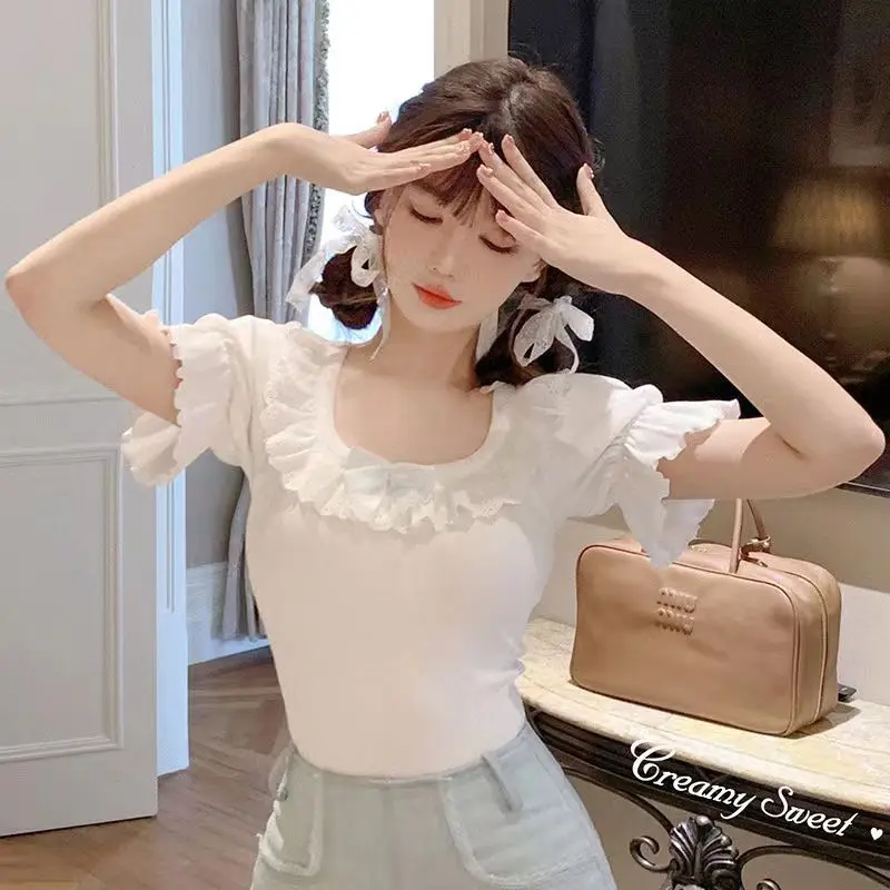 Summer Lace Slim Lolita Kawaii T-Shirts Women Blue White Japanese Sweet Cute Blouse Female Puff Sleeve Korean Style Clothes 2024