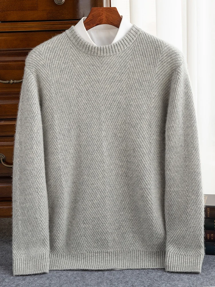 High Quality 100% Cashmere Men's O-neck Sweater For Winter Herringbone Thick Warm Cashmere Knitwear Pullover Smart Casual Jumper