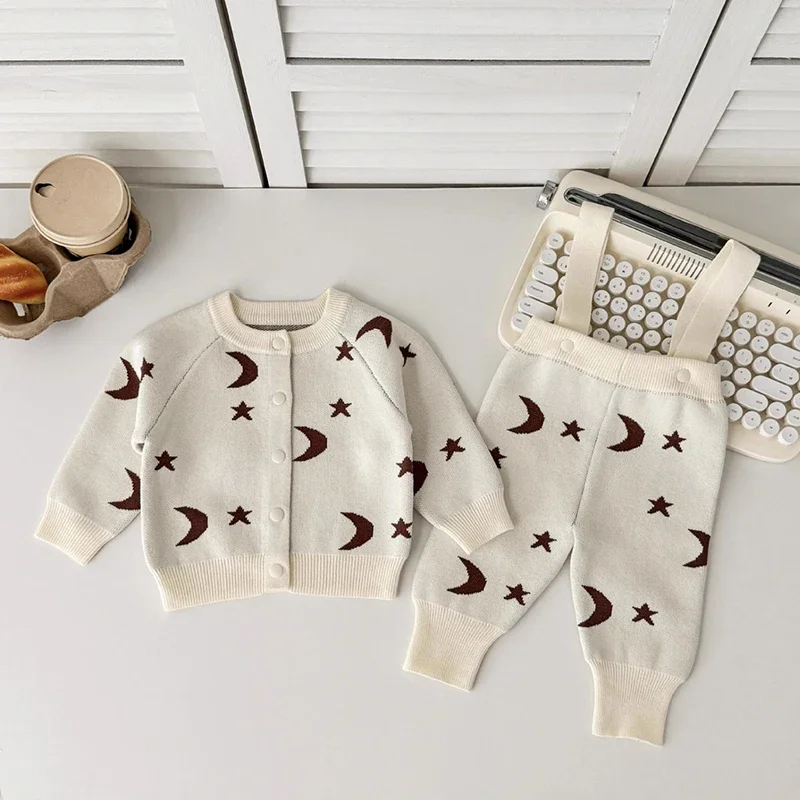 2025 New Autumn 0-3Yrs Baby Clothing Suit Long Sleeved Knit Printing Cardigan+Jumpsuit Toddler Baby Girl Boys Clothes Set