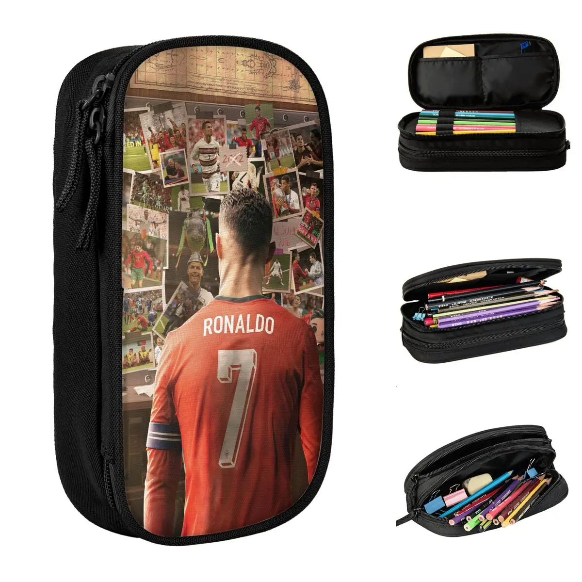 

Football Ronaldo Pen Box Office Supplies Double Layer Pencil Case Stationery Soccer CR7 Pencil Case Bag Gift