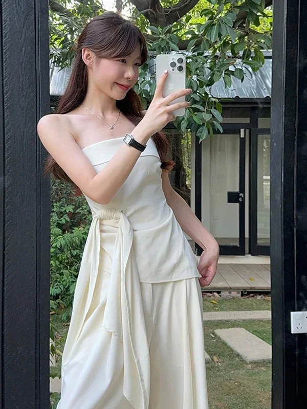 

Elegant Belted Strapless Vest Top Women's Summer New High Waist Slimming Wide Leg Pants Set Fashionable Commute Style