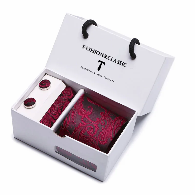 Hot Sale Black Paisley Necktie Pocket Square Cufflinks Set For Men Formal Luxury Wedding Gravatas In Gift Box