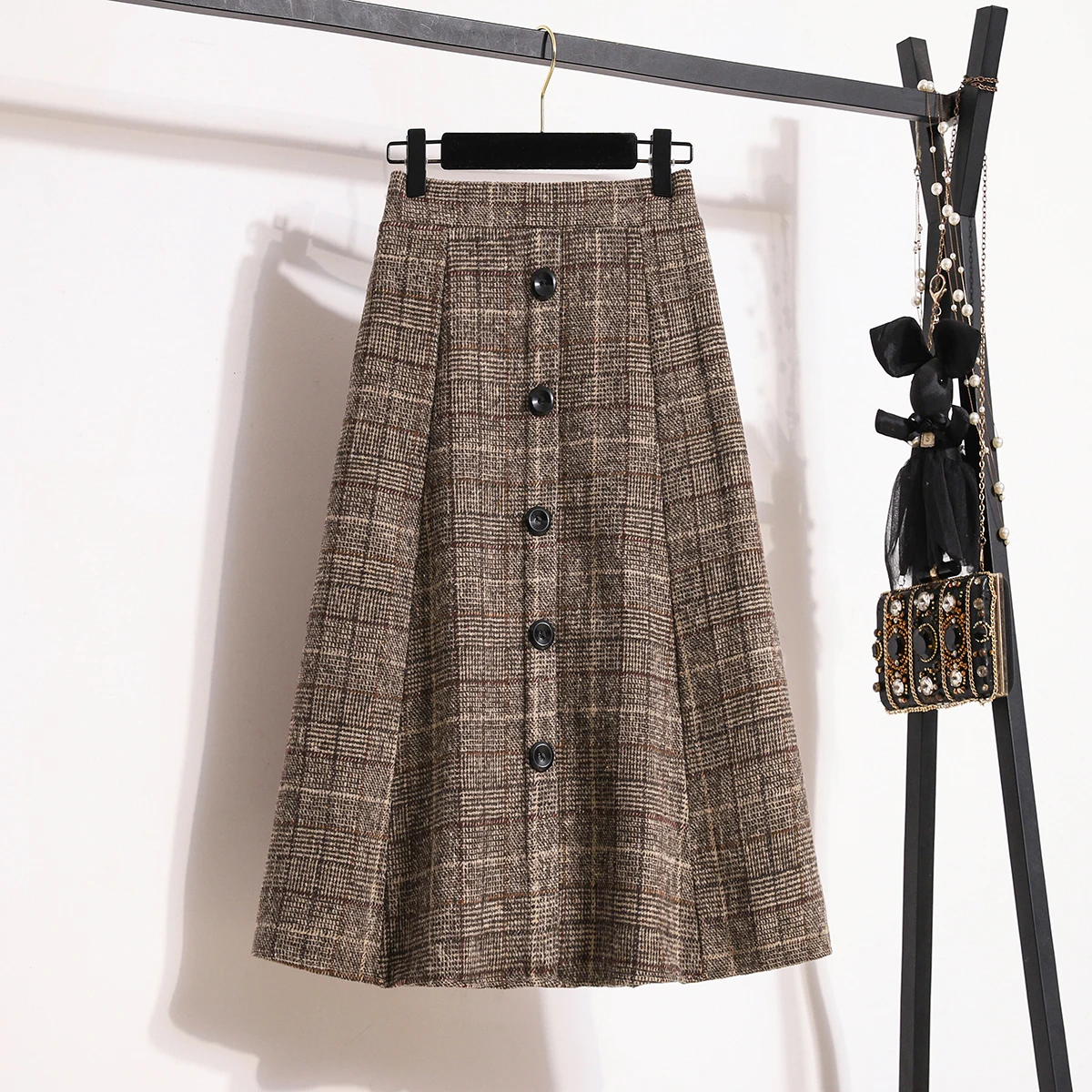 

Шерстяная юбка в клетку в стиле ретро, женская осенне-зимняя свободная юбка трапециевидной формы с высокой талией, скрытая юбка из смеси хлопка
