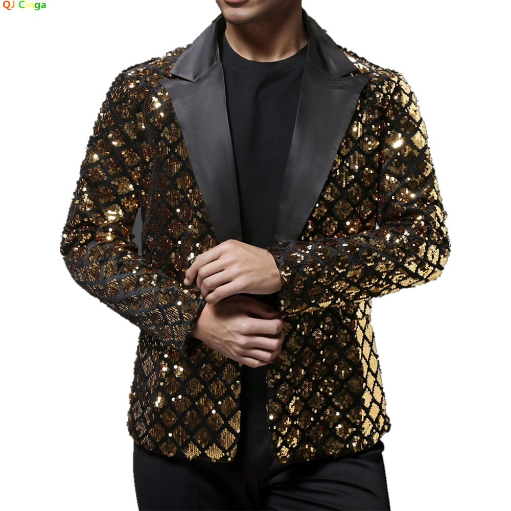 Men's Gold Suit Jacket, Wedding Party Dress Coat, Silver Blue Black Round Metallic Sequin Decoration Blazers.