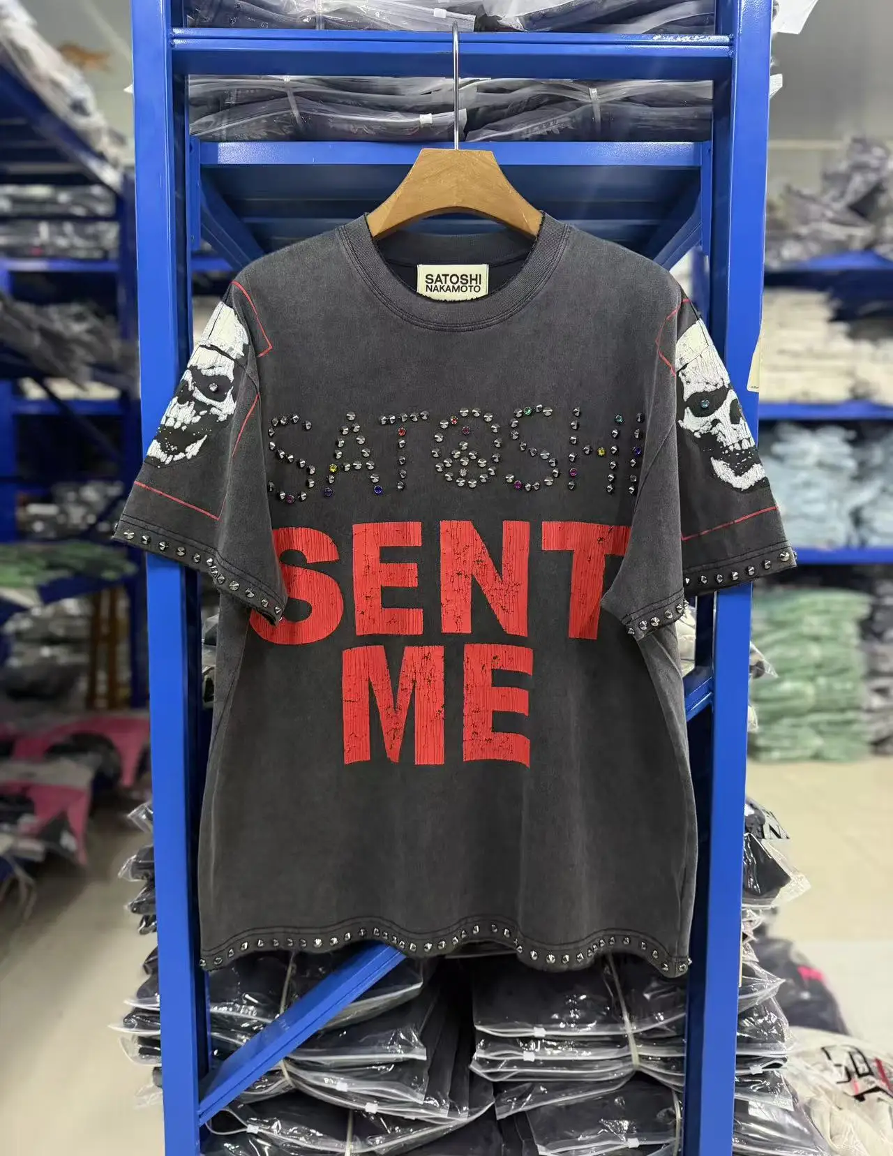 26SS Y2K High Quality American Retro Trendy Fashion Tops Satoshi Nakamoto hotfix rhinestone logo 100% cotton large size loose Men's Women's T-Shirt