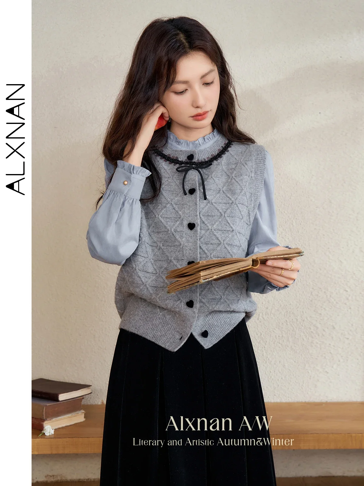 

ALXNAN серый вязаный жилет 2022, осень-зима, однобортный кардиган, жилет в студенческом стиле, элегантные вязаные топы без рукавов L50057