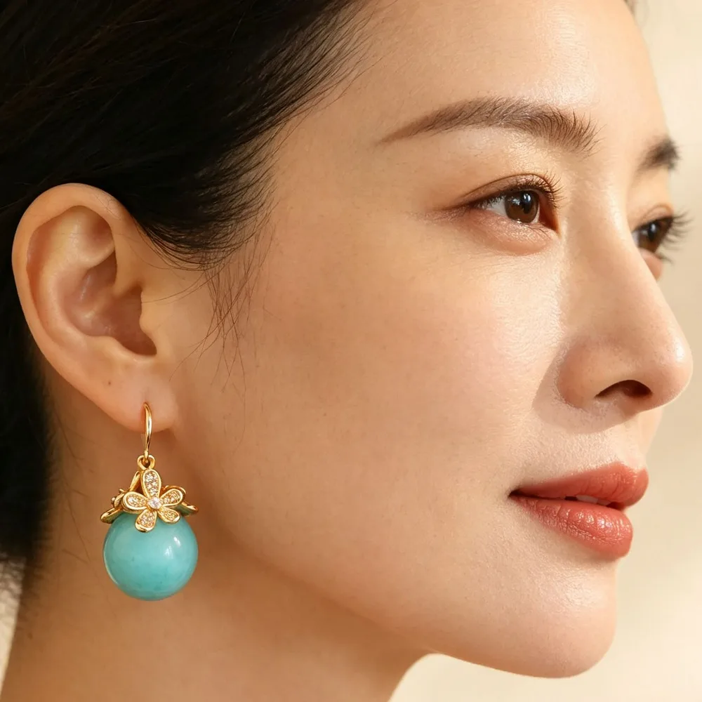Classic Gold-plated Copper Inlaid Ice Cracked Aquamarine Stone Ball Bead Fishhook Earrings and Necklace