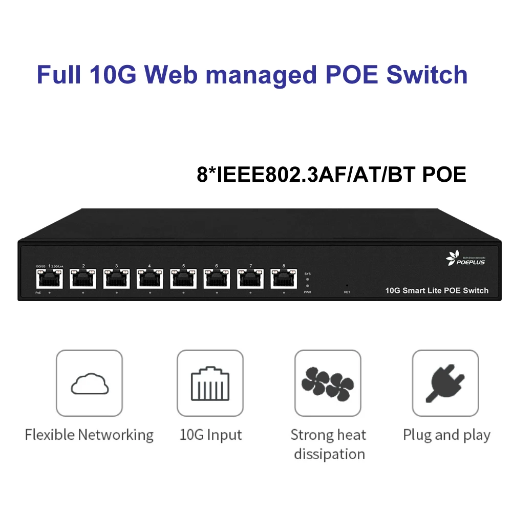 Switch de rede Ethernet com saída máxima 90W, 8 portas, RJ45, 10G completo, 10 Gbps