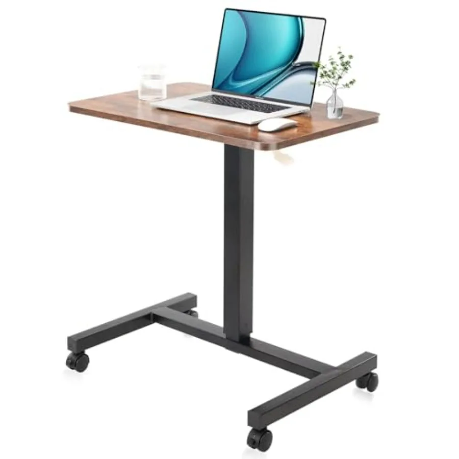 

Home office mobile laptop desk, pneumatic sit-to-stand height adjustable rolling cart with lockable wheels, brown round edge de