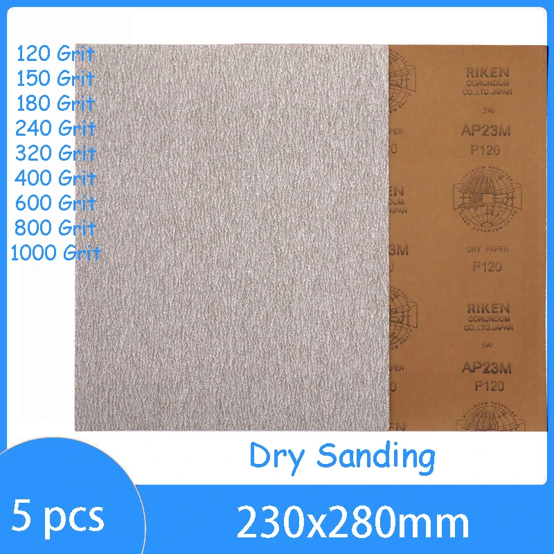 5PCS 230x280mm Square Dry Sandpaper for Polishing Paint 120 150 180 240 320 400 600 800 1000 Grit A35PM Sanding Paper