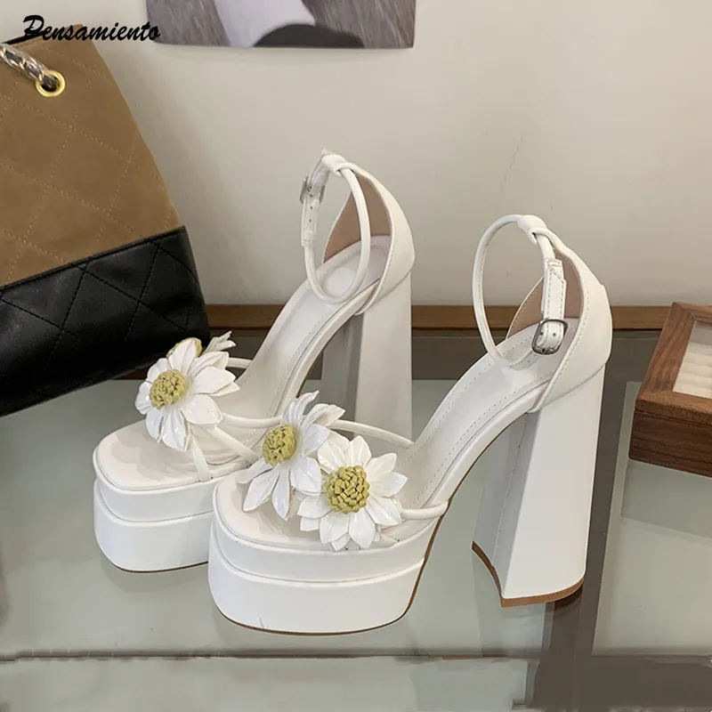 

Summer Fashion Sunflowers Decoration Women Gladiator Sandals 15cm Ultra High heels Double Platform Wedges Party Chunky Shoes