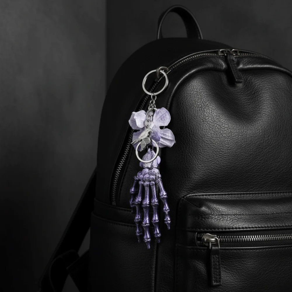 Hyper-realistic Gothic Skeleton Hand Metallic-luster Floral-accented Articulated Bone Key Chain Detachable-clip Satin-finish