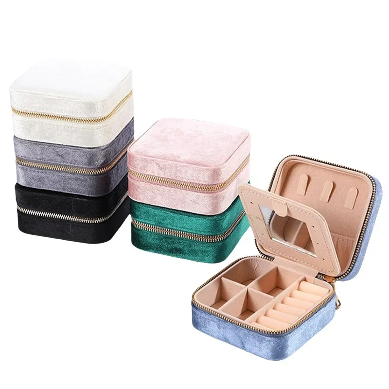 

Velvet Jewelry Box For Women Geometric Sqaure Jewelry Storage Case Necklace Ring Earrings Travel Portable Zipper Boxes