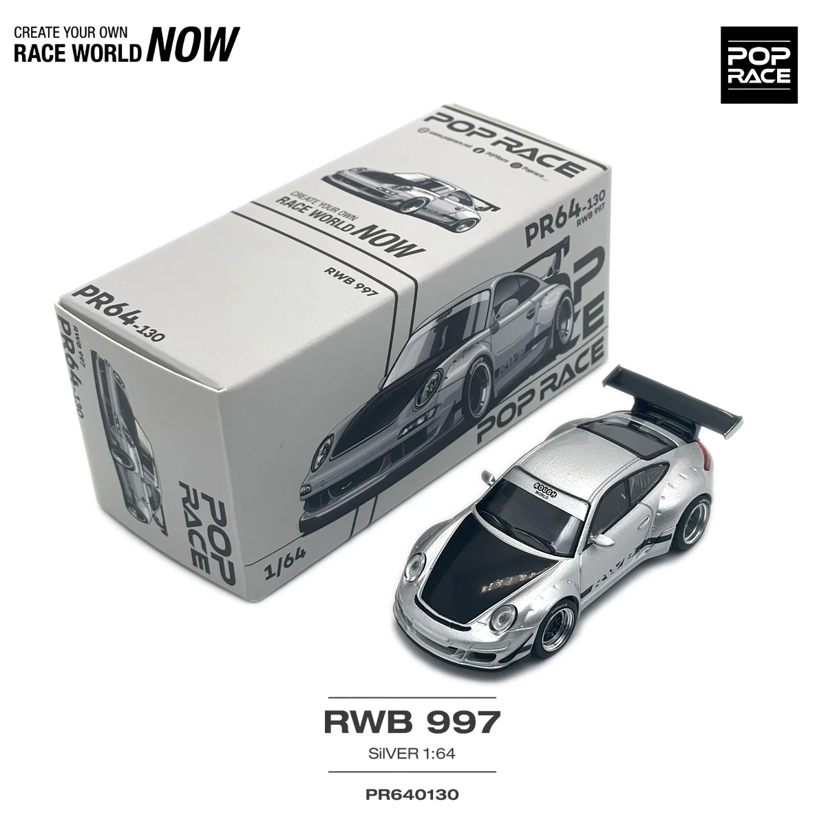 Pop Race PR640130 1:64 RWB Porsche 997 Srebrny Czarny Pokrywa Maski Widebody JDM Tuner Model Samochodu z Odlewu Ciśnieniowego Dostępny Od Ręki Gotowy do Wysyłki