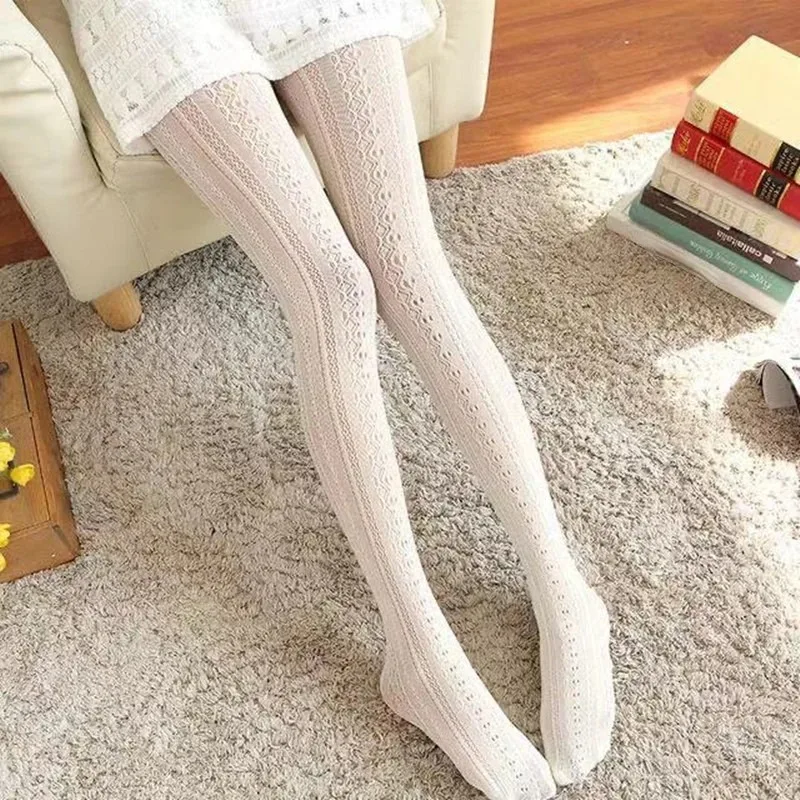 

Lace Knitted Cotton Tights Women Girls Autumn Winter Hollow Out Striped Stockings Female Solid Lolita Pantyhose Gothic Clothes