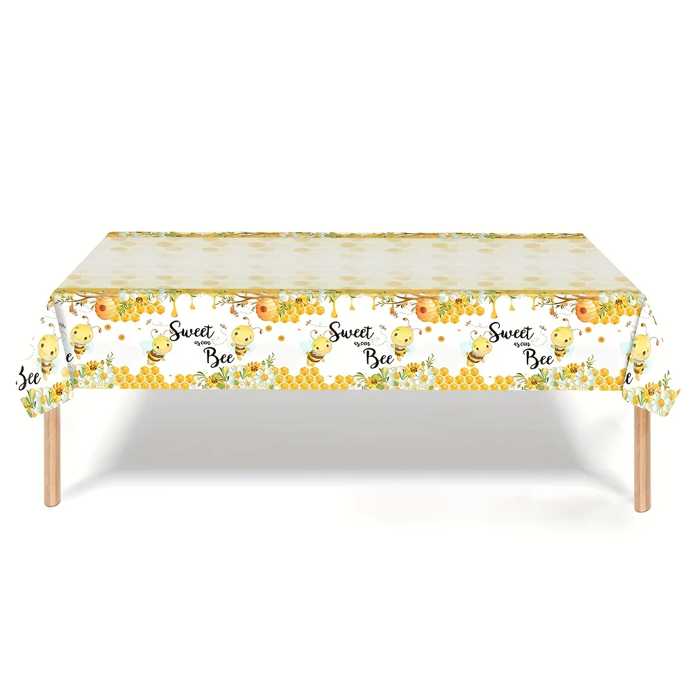 1Pc Disposable Bee Themed Tablecloth, Honeybee Pattern Table Cover for Holiday Party, Birthday Dinner Table Decoration
