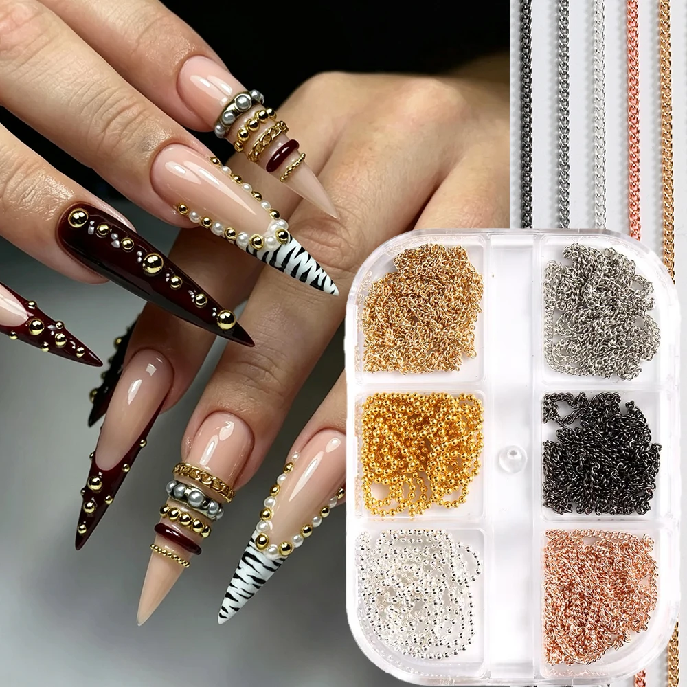 6Grids 3D Metal Nail Art Chains Y2k Punk Gold Silver Black Caviar Beads Pearl Chains Nail Rivet Metallic Aolly Chain Nail Decora
