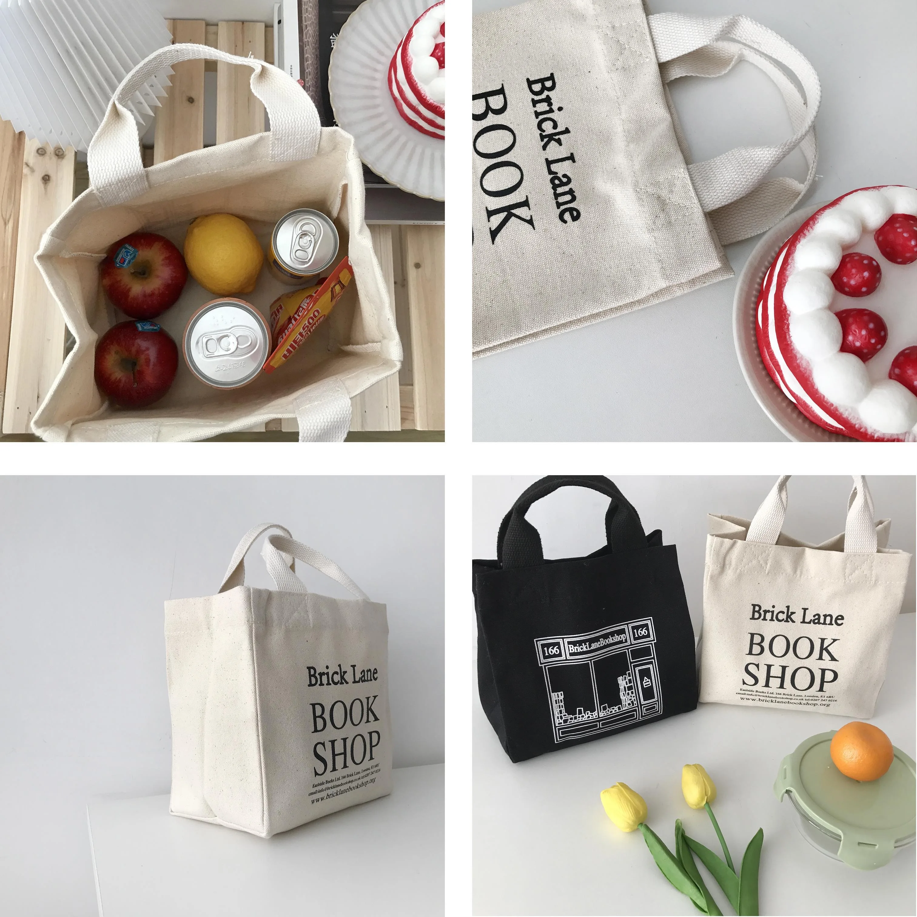 New Canvas Lunch Bag Book Shop Print Lunch Box Picnic Tote Small Handbag Cotton Cloth Reusable Food Storage Bags For Office Lady