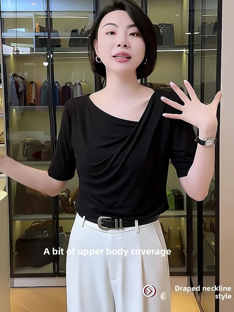 Casual Reine Farbe Plissee Bot irt ort Sve Sommer T-shirt Koreanische Sle Gerade Cut Seide frauen Premium Basis irt