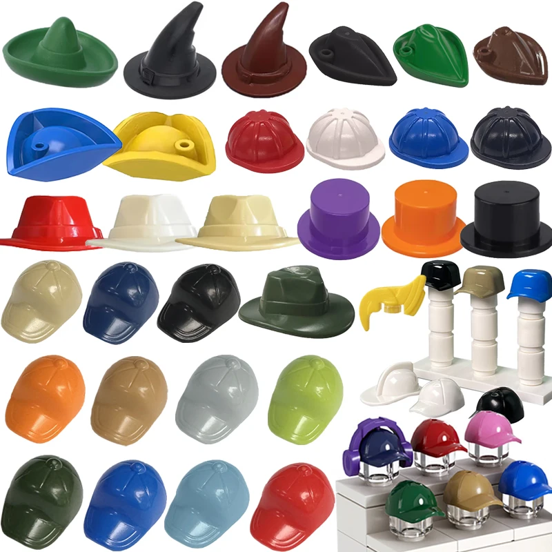 MOC Chapéu Capacete Bloco de Montar Colorido Boné Aba Reta Chapéu de Cowboy Figuras Acessórios de Corpo Mini Tijolo Brinquedos Infantis Presentes N18