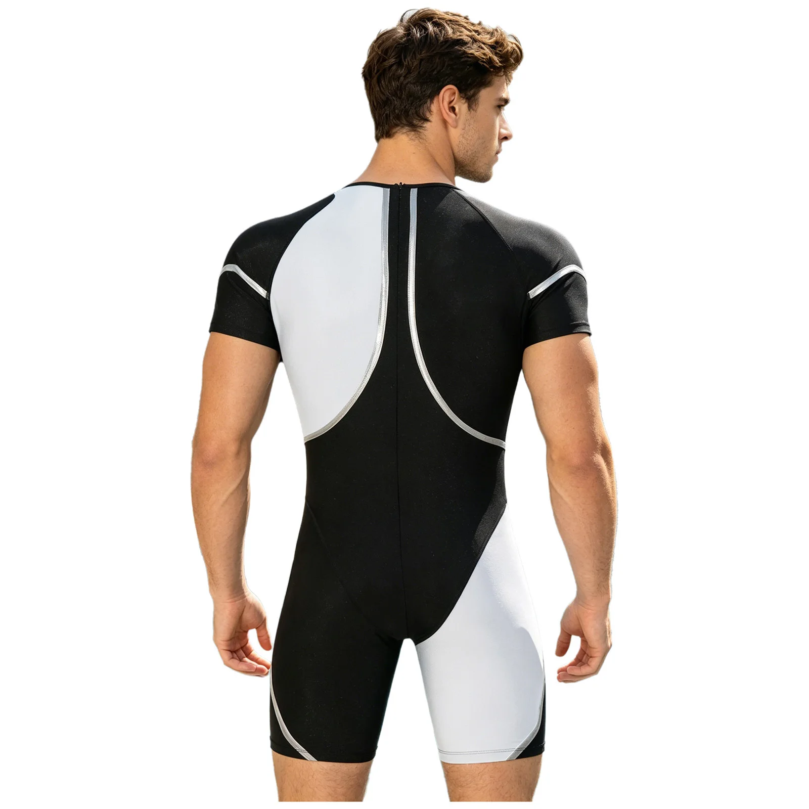 Herren-Einteiler-Rashguard-Tauchanzug, Badeanzug, kurzärmeliger Sport-Bodysuit mit Rückenreißverschluss und metallischem Besatz. – Detail 5